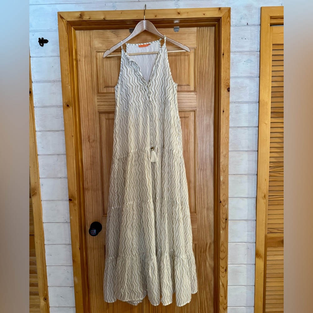 Oliphant white and gold tiered long tassel dress - XS